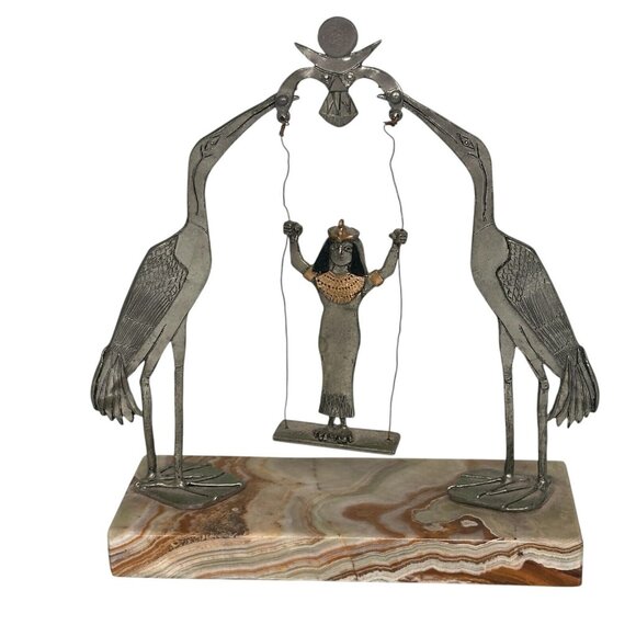 Egyptian Goddess Isis? Stork Heron Metal Marble Base Statue Art Deco Figure - Picture 1 of 13